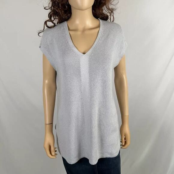 J Jill Wearever Gray Short Sleeve Top Blouse Shirt Medium Ribbed V-Neck Casual - Picture 1 of 5